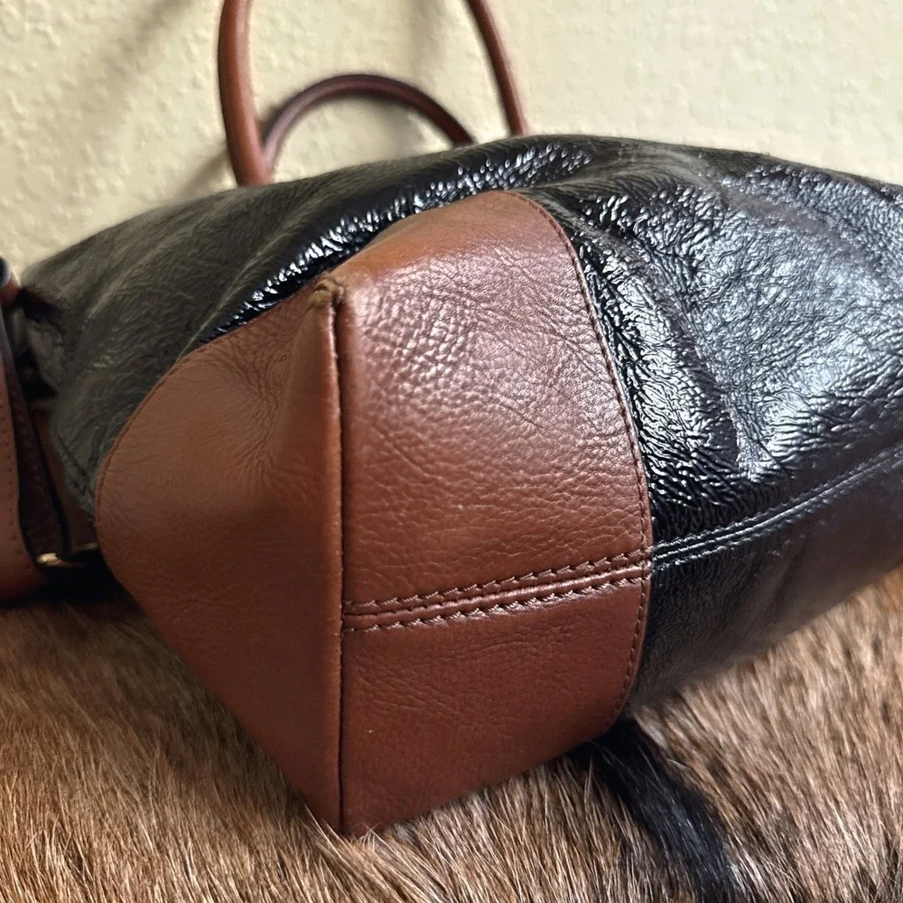 Kate Spade Black Patent Brown Leather Combo Court Tote‎ Shoulder Bag Crossbody
